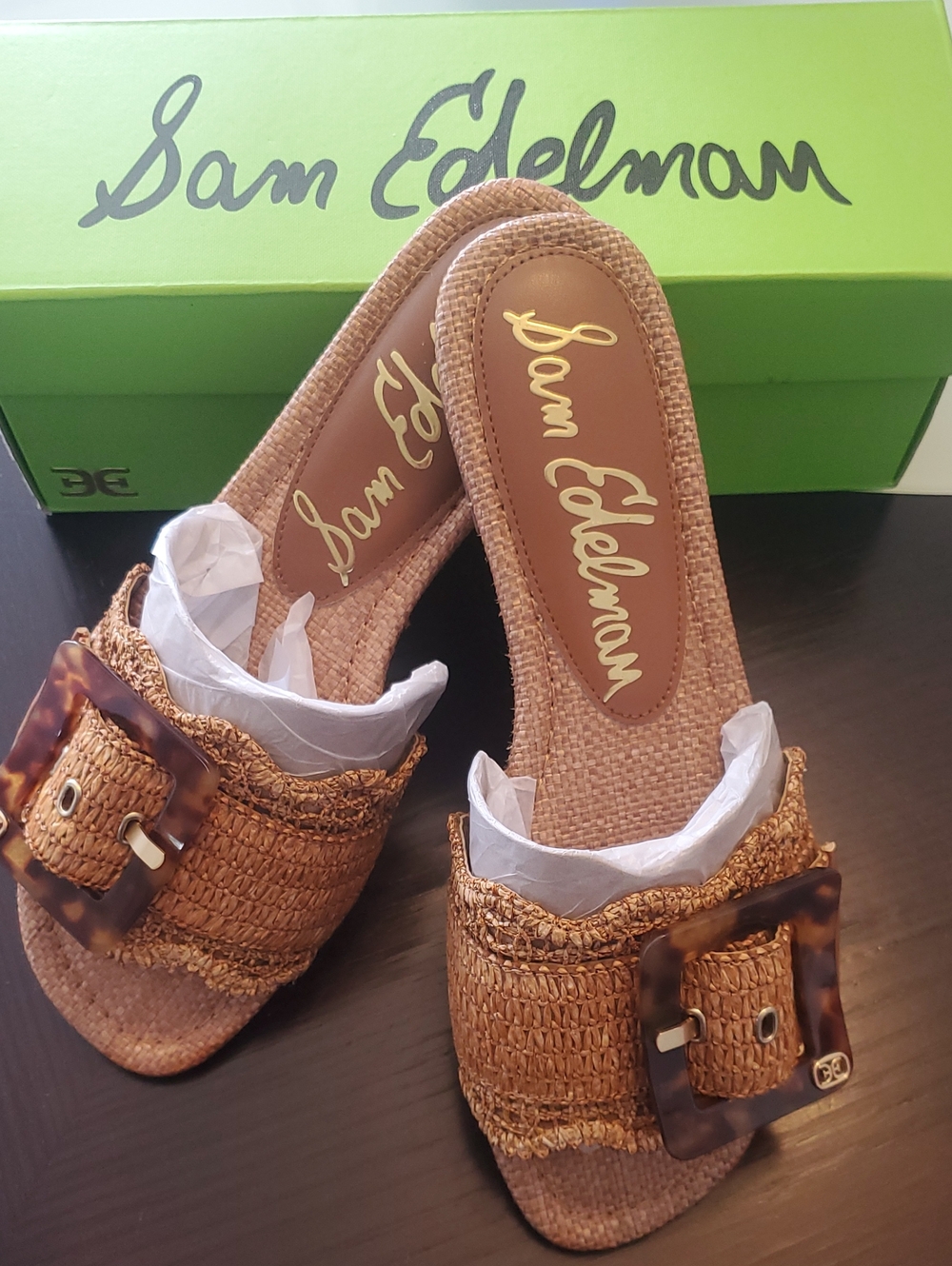 Sam Edelman Tan Woven Slide Mules with Tortoise Buckle